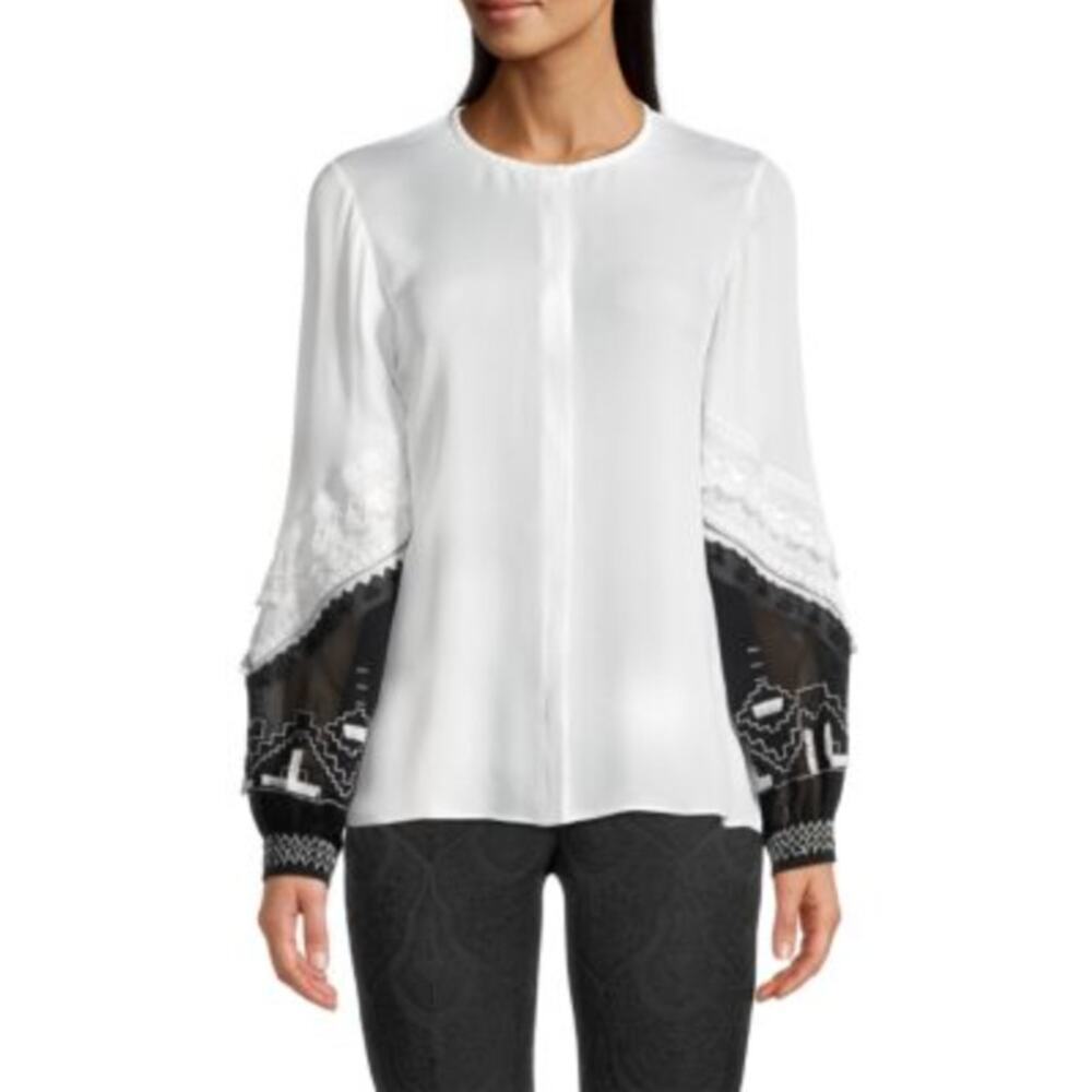 Kobi Halperin Bridget Cream and Black Embroidered 100% Silk Blouse • Size XS